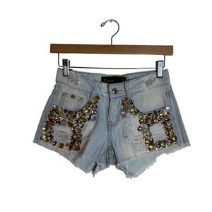 Sparkle Denim Shorts Women's Beaded Distressed Cut Off Light Wash Blue Size 0